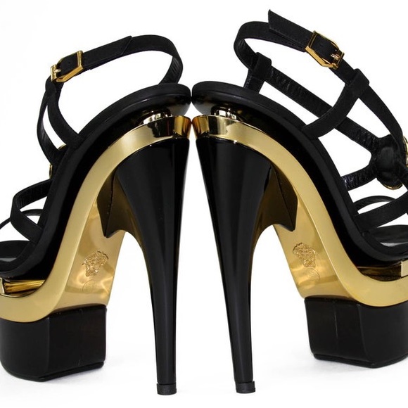VERSACE Triple Platform Black Gold Medusa Swarovski Crystals Sandals Heels bling - Picture 3 of 11